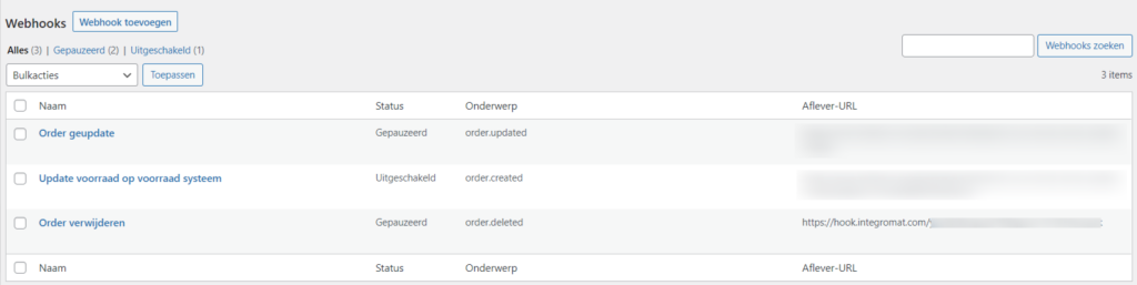 WooCommerce webhooks screenshot
